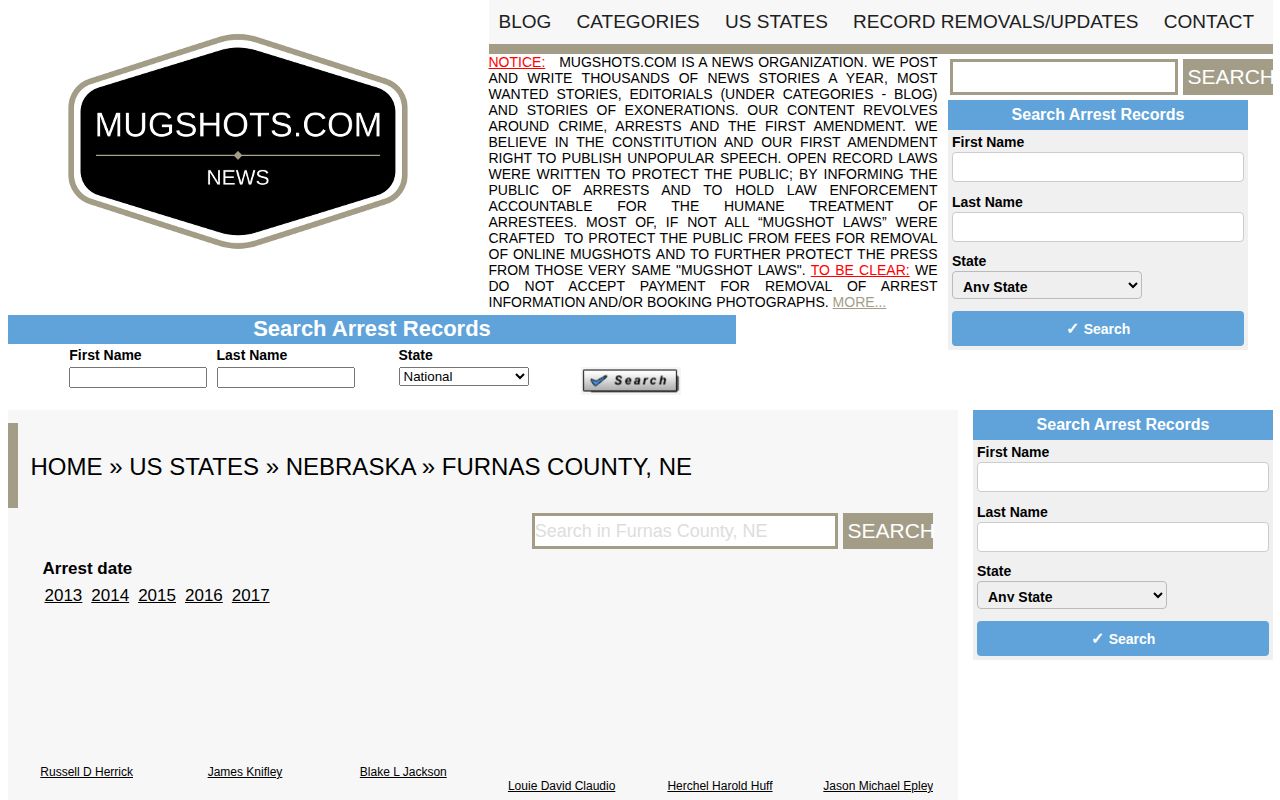 Furnas County secondary mugshot directory search interface